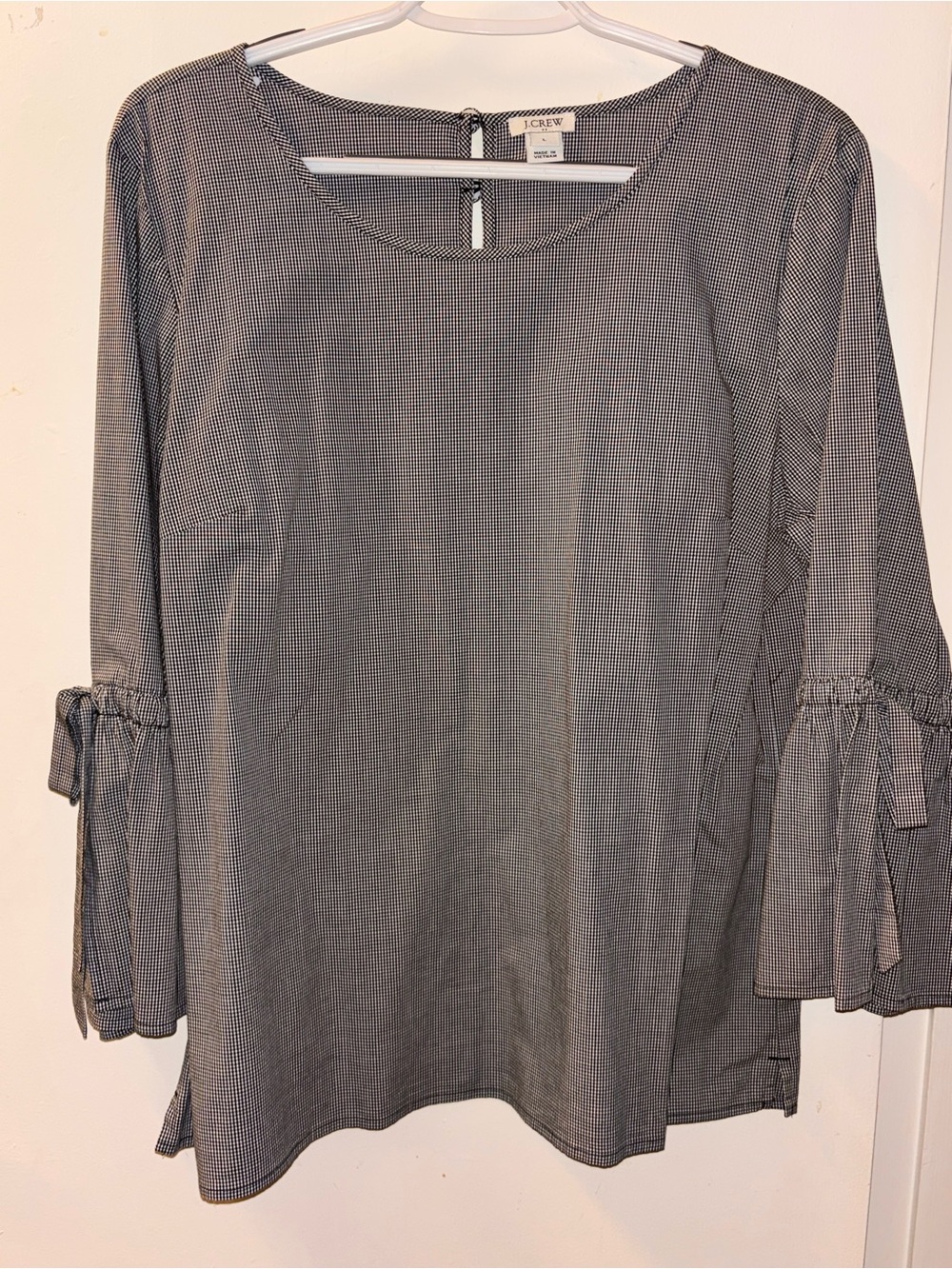 J. Crew Black and White Gingham Bell-Sleeve Blouse